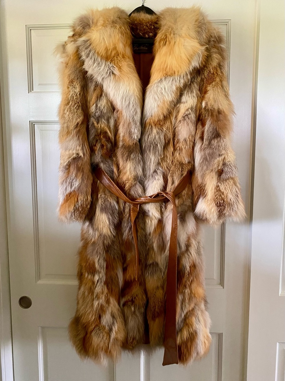 Vintage Genuine Fox Fur Long Coat w Leather Tie Belt